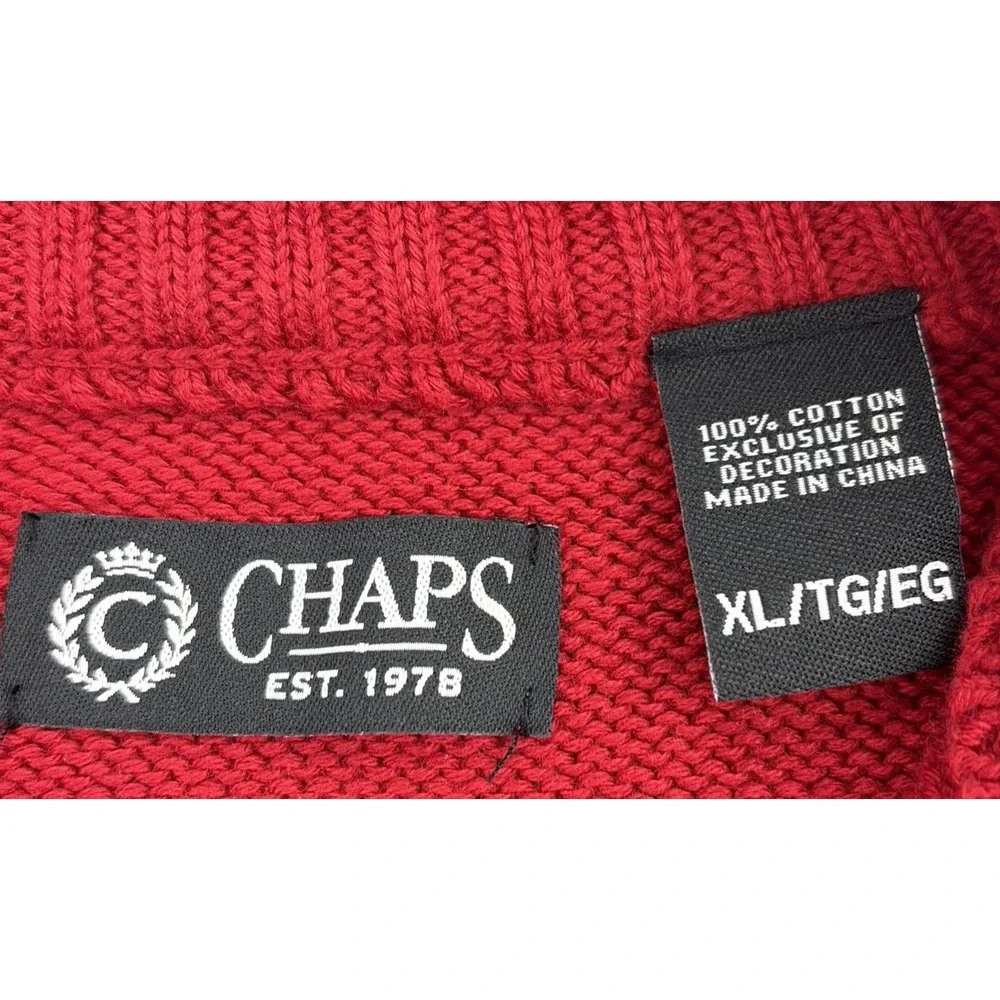 Chaps Men's XL 1/4 Zip Cotton Knit Cardigan Long Sleeve Moose Head Sweater Red